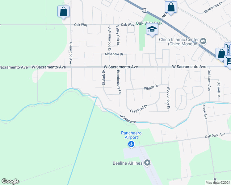 map of restaurants, bars, coffee shops, grocery stores, and more near 1726 Flamingo Road in Chico