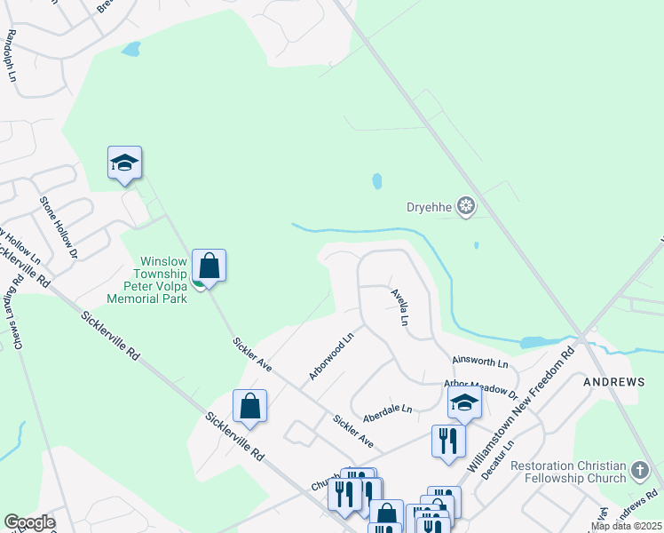map of restaurants, bars, coffee shops, grocery stores, and more near 17 Ashton Lane in Sicklerville