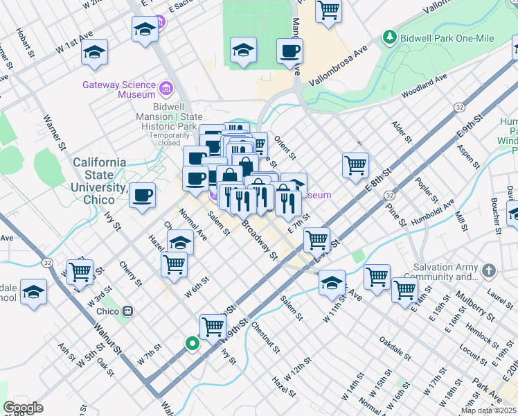 map of restaurants, bars, coffee shops, grocery stores, and more near 667 Morgan Drive in Chico