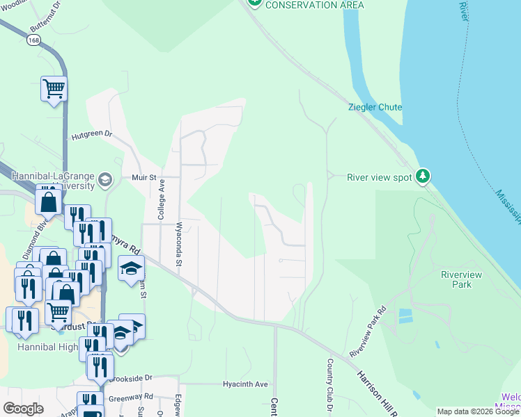 map of restaurants, bars, coffee shops, grocery stores, and more near 1889 Bay Avenue in Hannibal