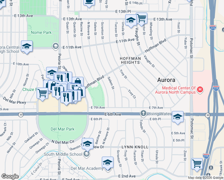 map of restaurants, bars, coffee shops, grocery stores, and more near 836 Salem Street in Aurora