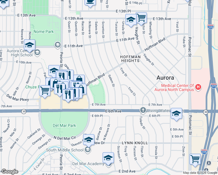 map of restaurants, bars, coffee shops, grocery stores, and more near 836 Salem Street in Aurora