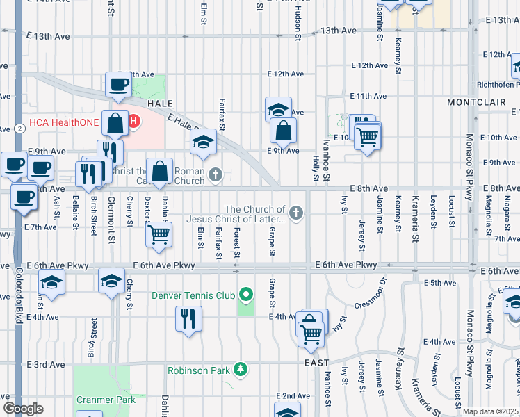 map of restaurants, bars, coffee shops, grocery stores, and more near 791 Glencoe Street in Denver