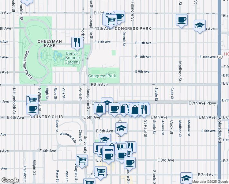 map of restaurants, bars, coffee shops, grocery stores, and more near 2720 East 8th Avenue in Denver