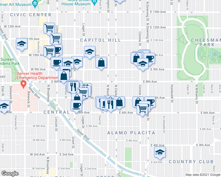map of restaurants, bars, coffee shops, grocery stores, and more near in Denver