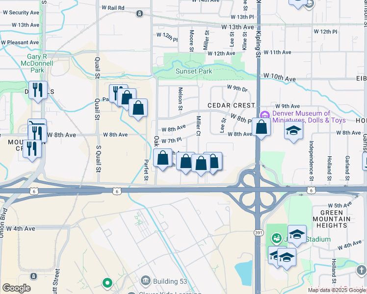 map of restaurants, bars, coffee shops, grocery stores, and more near 740 Moore Street in Lakewood