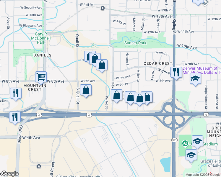 map of restaurants, bars, coffee shops, grocery stores, and more near 10765 West 7th Place in Denver