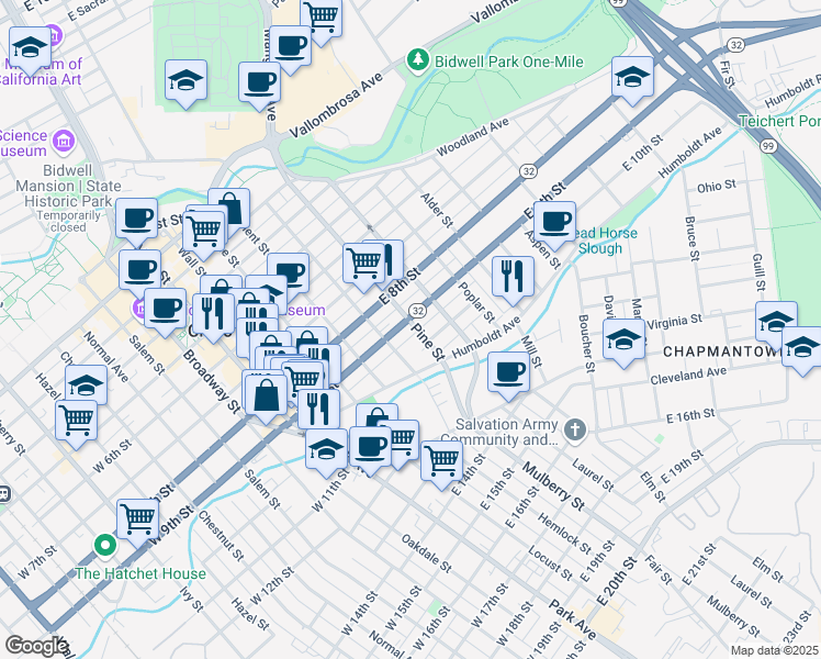 map of restaurants, bars, coffee shops, grocery stores, and more near 676 California 32 in Chico