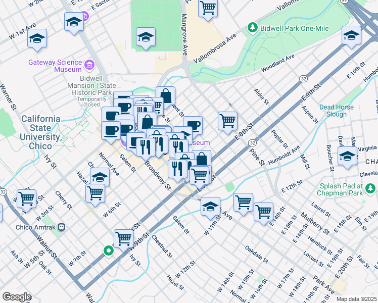 map of restaurants, bars, coffee shops, grocery stores, and more near 285 East 5th Street in Chico