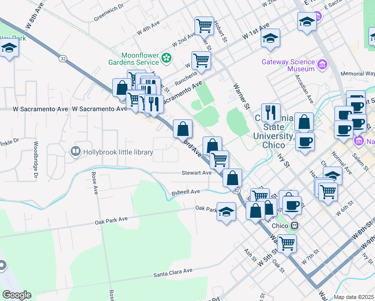 map of restaurants, bars, coffee shops, grocery stores, and more near 636 Nord Avenue in Chico