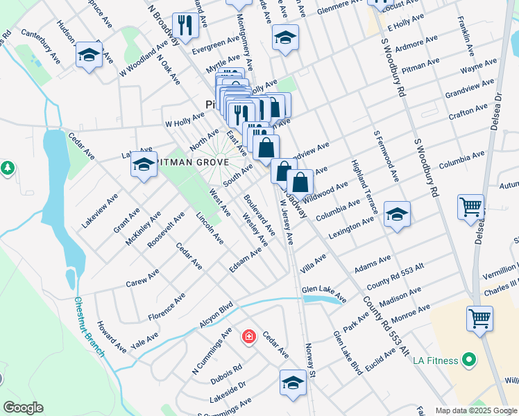 map of restaurants, bars, coffee shops, grocery stores, and more near 323 Legion Court in Pitman