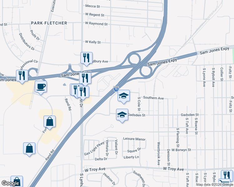 map of restaurants, bars, coffee shops, grocery stores, and more near 4920 West Southern Avenue in Indianapolis