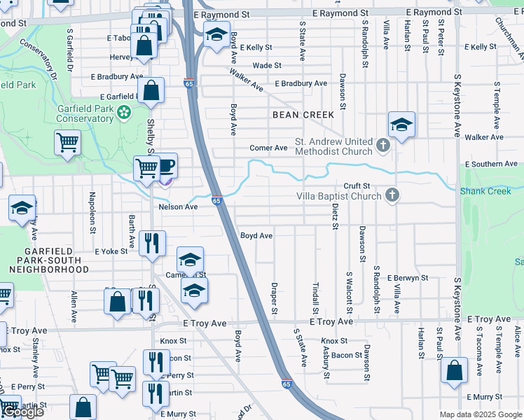 map of restaurants, bars, coffee shops, grocery stores, and more near 1544 Nelson Avenue in Indianapolis