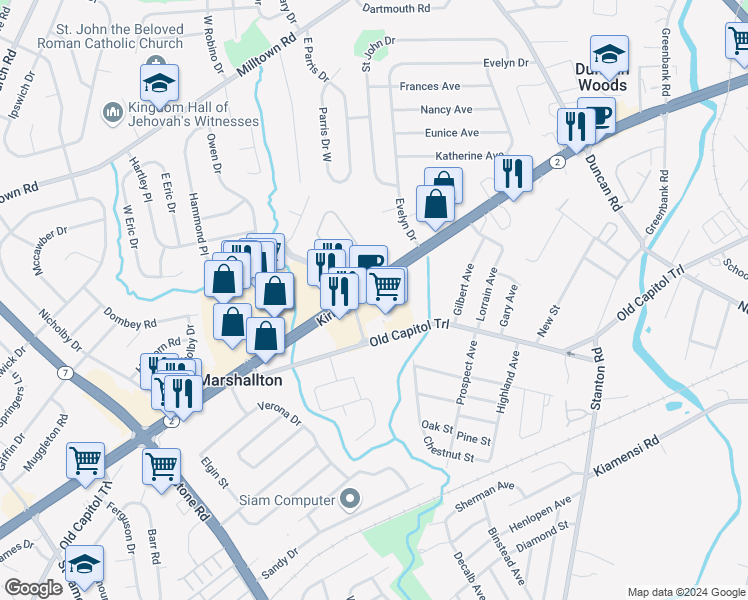 map of restaurants, bars, coffee shops, grocery stores, and more near 3926 Kirkwood Highway in Wilmington