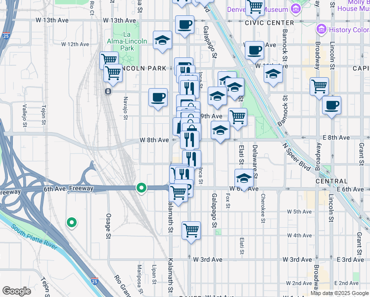 map of restaurants, bars, coffee shops, grocery stores, and more near 800 Santa Fe Drive in Denver