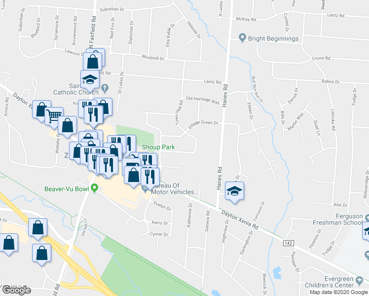 map of restaurants, bars, coffee shops, grocery stores, and more near 3088 Ranchfield Drive in Dayton