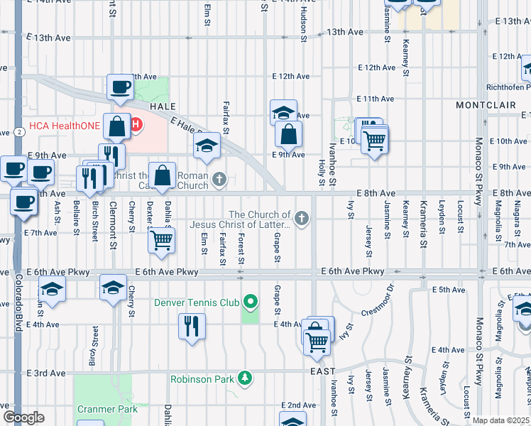 map of restaurants, bars, coffee shops, grocery stores, and more near 791 Glencoe Street in Denver
