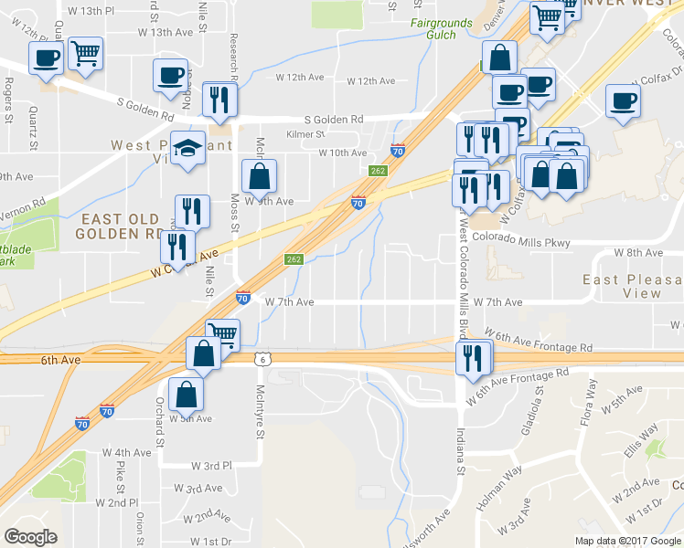 map of restaurants, bars, coffee shops, grocery stores, and more near 760 Kilmer Street in Golden