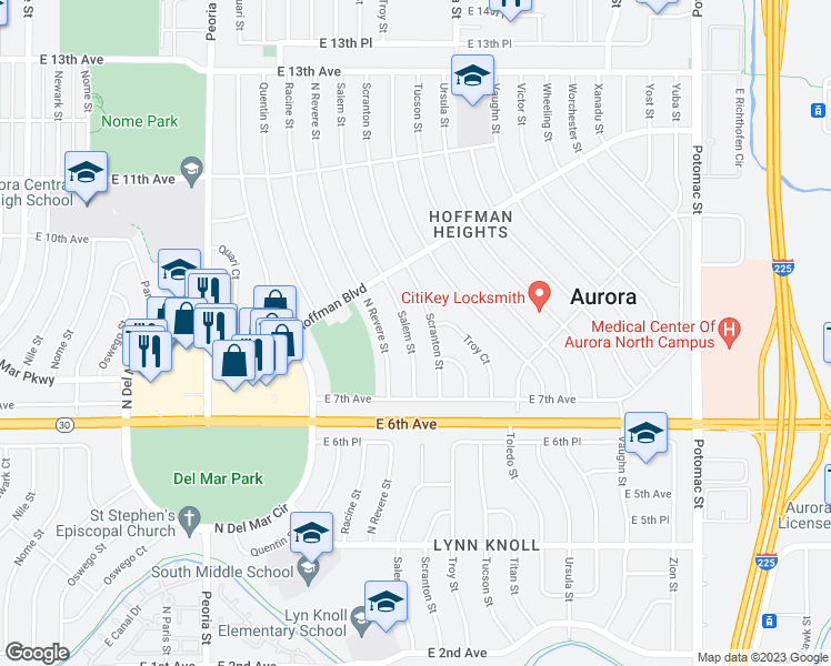 map of restaurants, bars, coffee shops, grocery stores, and more near 790 Salem Street in Aurora
