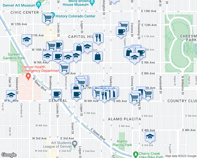 map of restaurants, bars, coffee shops, grocery stores, and more near in Denver