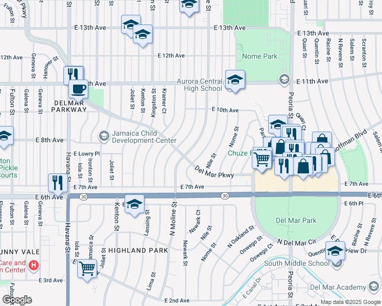 map of restaurants, bars, coffee shops, grocery stores, and more near 820 North Moline Street in Aurora