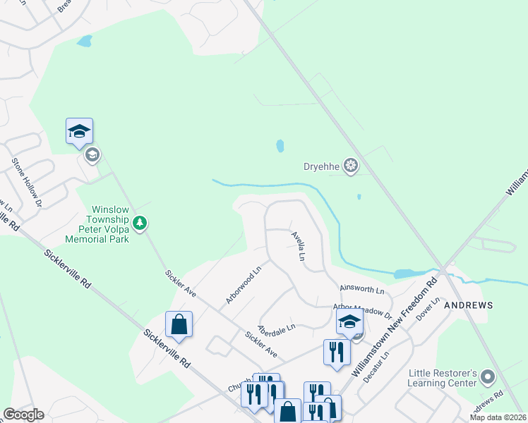 map of restaurants, bars, coffee shops, grocery stores, and more near 4 Ashton Lane in Sicklerville