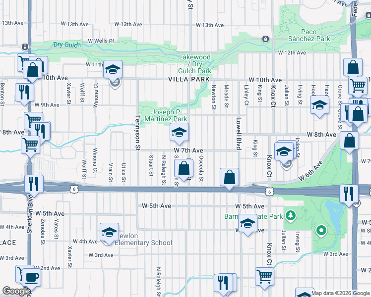 map of restaurants, bars, coffee shops, grocery stores, and more near 734 Perry Street in Denver