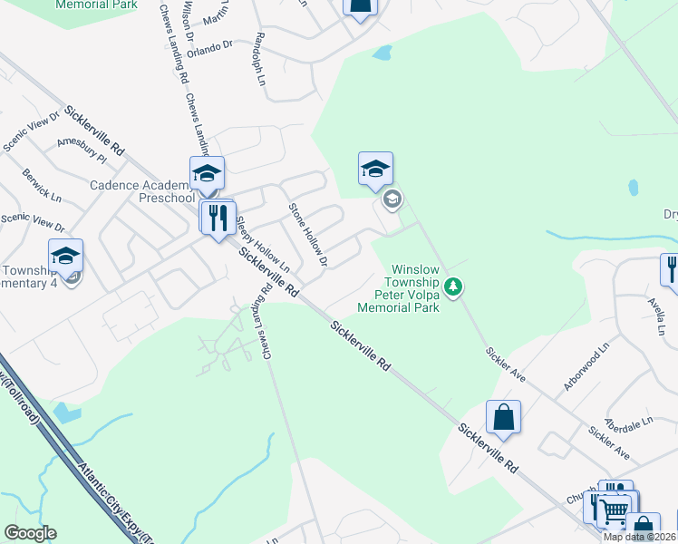 map of restaurants, bars, coffee shops, grocery stores, and more near 6 Fox Hollow Lane in Winslow Township