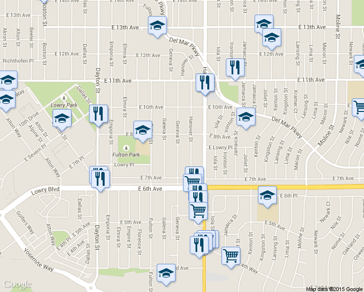 map of restaurants, bars, coffee shops, grocery stores, and more near 792 Geneva Street in Aurora