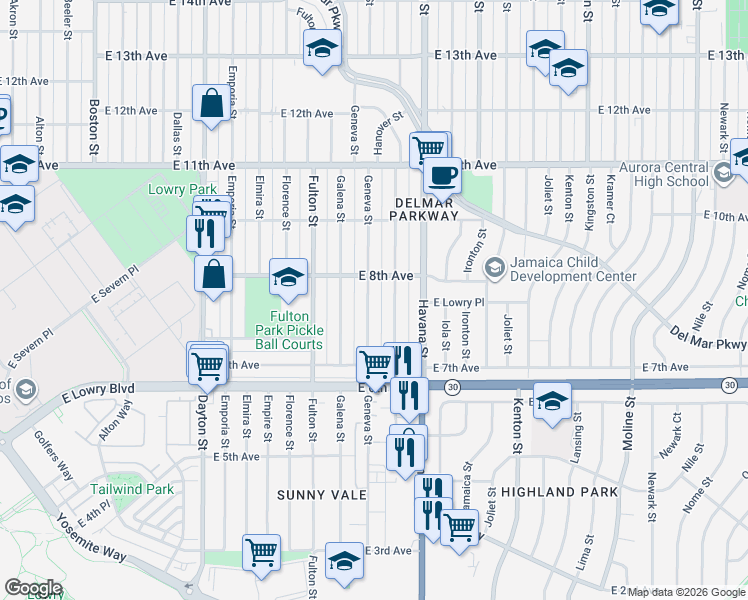 map of restaurants, bars, coffee shops, grocery stores, and more near 792 Geneva Street in Aurora