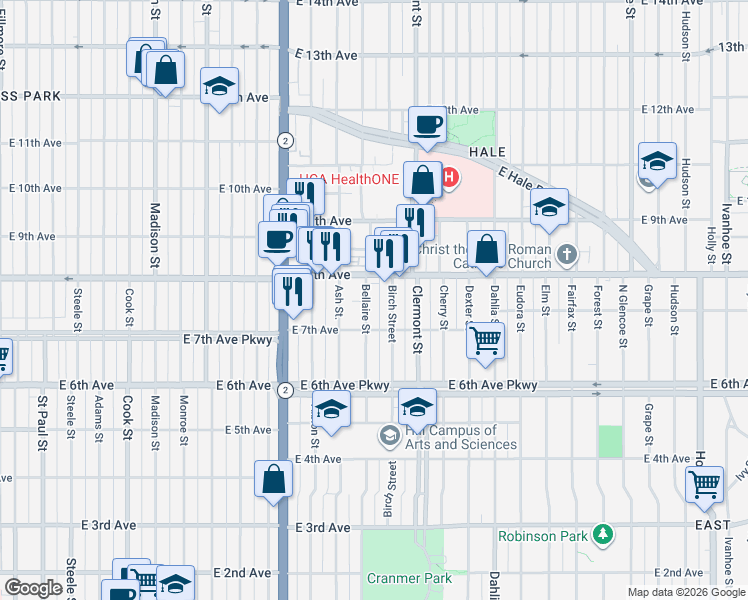 map of restaurants, bars, coffee shops, grocery stores, and more near 4300 East 8th Avenue in Denver