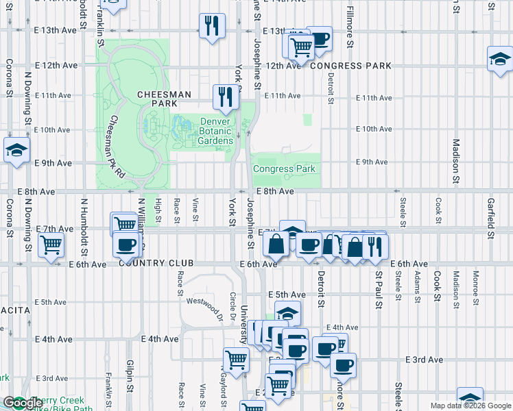 map of restaurants, bars, coffee shops, grocery stores, and more near 2430 East 8th Avenue in Denver