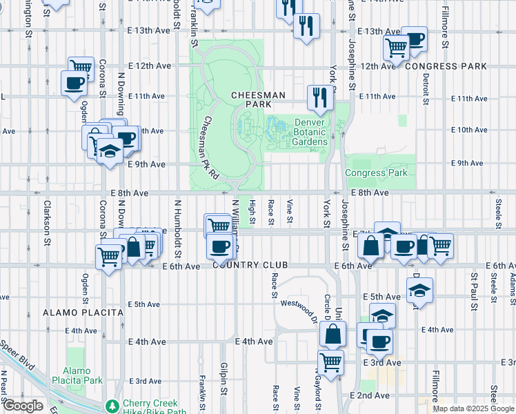 map of restaurants, bars, coffee shops, grocery stores, and more near 1930 East 8th Avenue in Denver