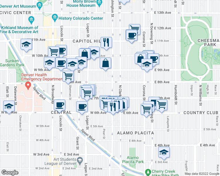 map of restaurants, bars, coffee shops, grocery stores, and more near in Denver