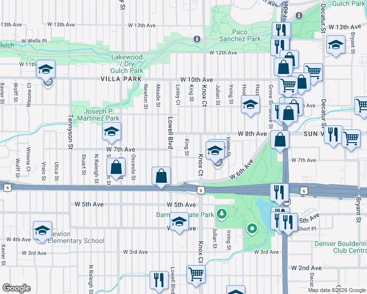 map of restaurants, bars, coffee shops, grocery stores, and more near 3636 West 8th Avenue in Denver