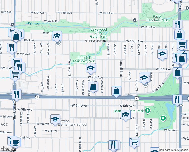 map of restaurants, bars, coffee shops, grocery stores, and more near 734 Perry Street in Denver