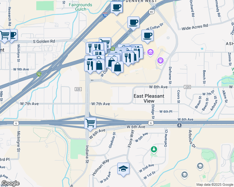 map of restaurants, bars, coffee shops, grocery stores, and more near 14490 West 8th Avenue in Lakewood