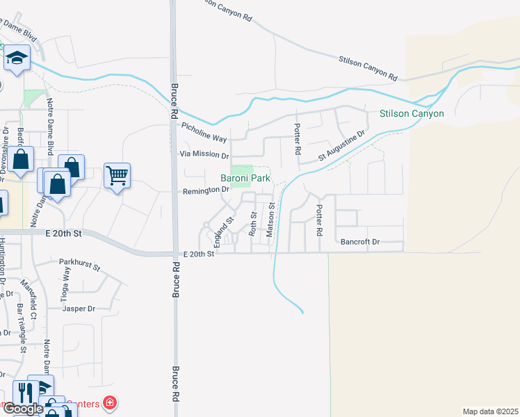 map of restaurants, bars, coffee shops, grocery stores, and more near 2505 England Street in Chico