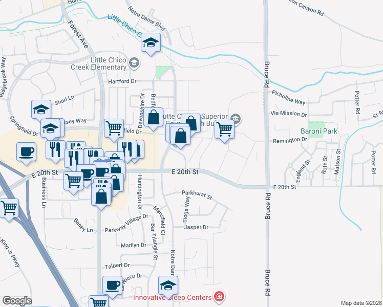 map of restaurants, bars, coffee shops, grocery stores, and more near 2267 Springfield Drive in Chico
