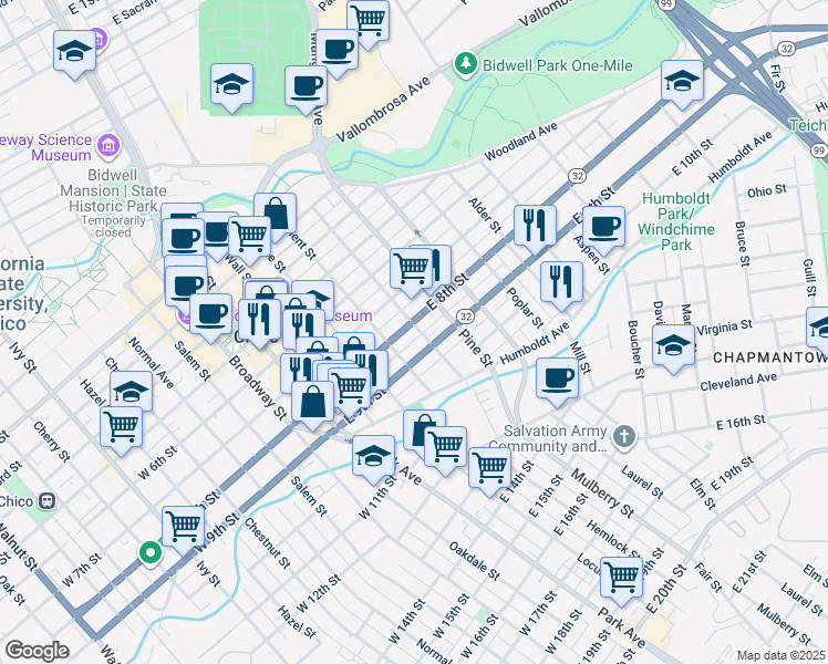 map of restaurants, bars, coffee shops, grocery stores, and more near 598 East 8th Street in Chico