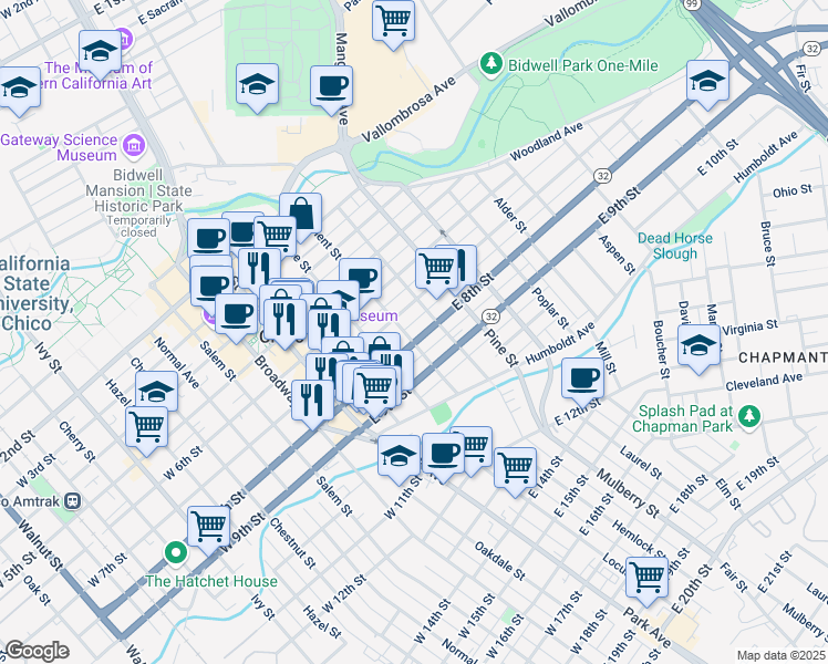 map of restaurants, bars, coffee shops, grocery stores, and more near 479 East 7th Street in Chico
