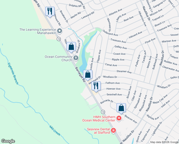 map of restaurants, bars, coffee shops, grocery stores, and more near 1441 Forecastle Avenue in Stafford Township