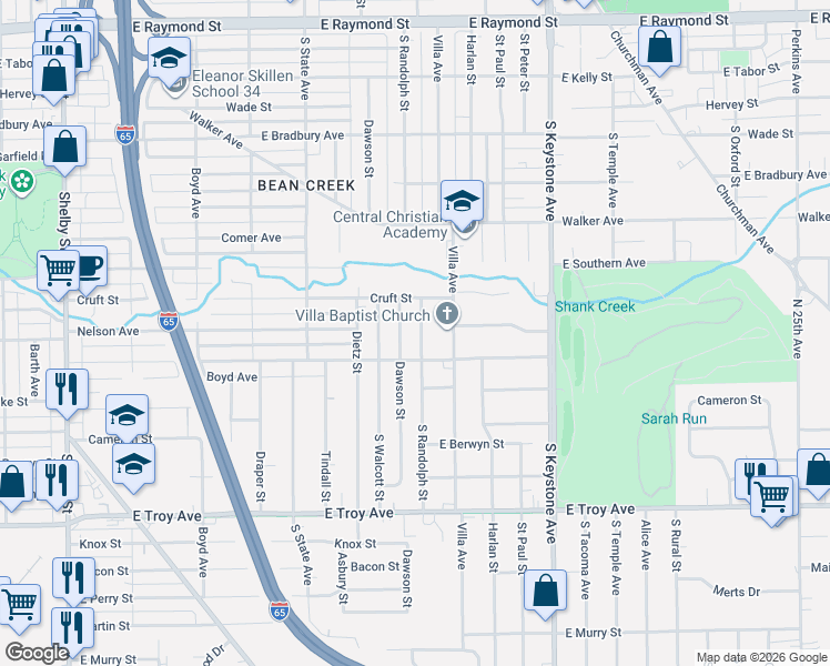 map of restaurants, bars, coffee shops, grocery stores, and more near 2641 South Randolph Street in Indianapolis
