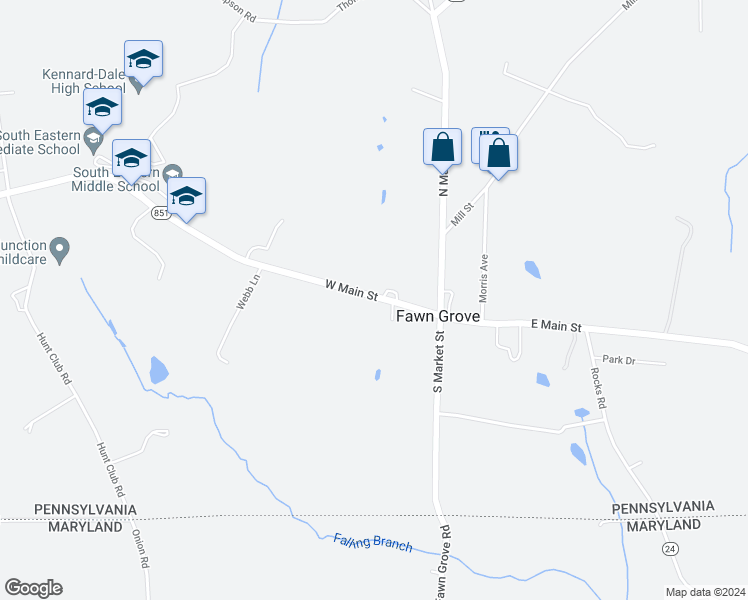 map of restaurants, bars, coffee shops, grocery stores, and more near 82 West Main Street in Fawn Grove