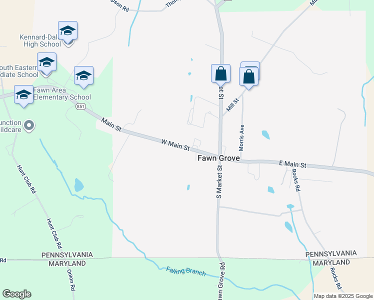 map of restaurants, bars, coffee shops, grocery stores, and more near 82 West Main Street in Fawn Grove