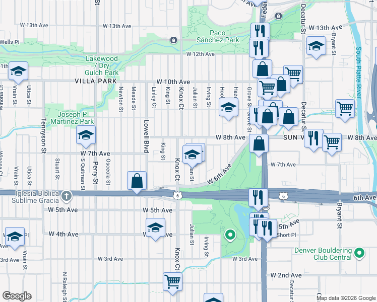 map of restaurants, bars, coffee shops, grocery stores, and more near 729 Julian Street in Denver