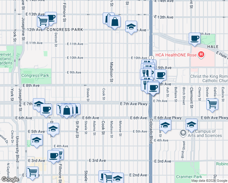 map of restaurants, bars, coffee shops, grocery stores, and more near 790 Madison Street in Denver
