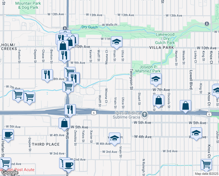 map of restaurants, bars, coffee shops, grocery stores, and more near 735 Vrain Street in Denver