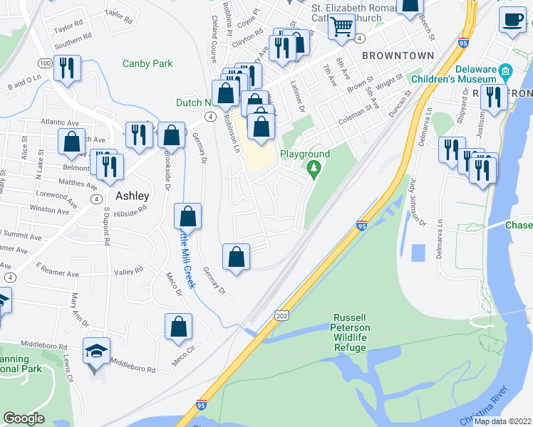 map of restaurants, bars, coffee shops, grocery stores, and more near 1628 Bonwood Road in Wilmington