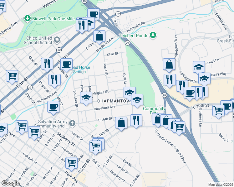 map of restaurants, bars, coffee shops, grocery stores, and more near 940 Virginia Street in Chico